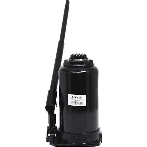 Schwarzer Wagenheber mit Hebel. Aufkleber mit Produktbezeichnung.